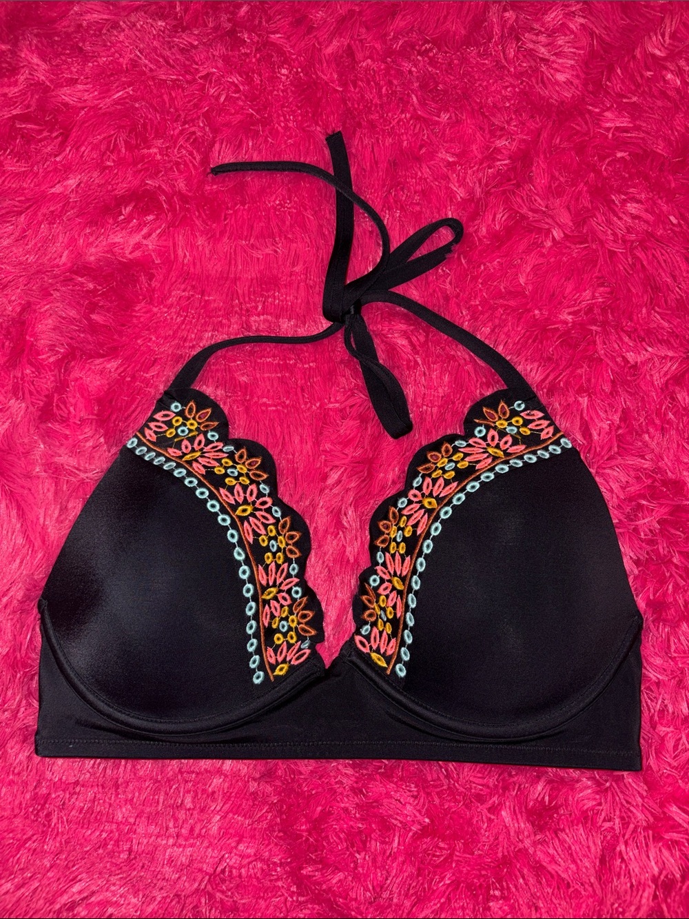 Shade & Shore Black Bikini Top with Multicolor Embroidery